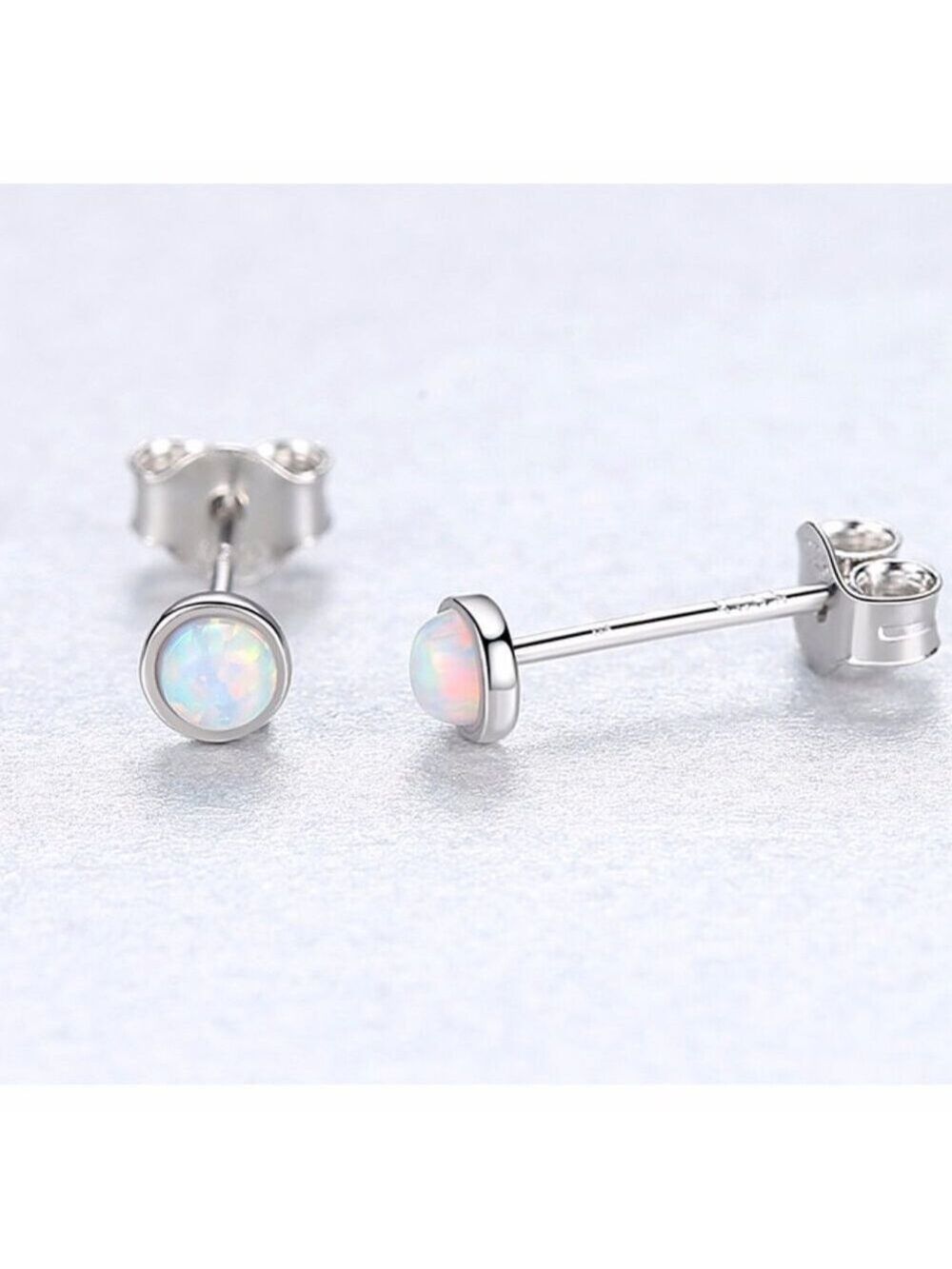 925 Sterling Silver 3mm Round Opal Stud Earrings - Picture 4 of 5